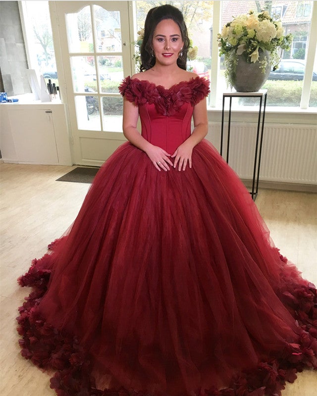 Burgundy Flower V-neck Tulle Ball Gowns Quinceanera Dresses Burgundy Flower V-neck Tulle Ball Gowns Quinceanera Dresses