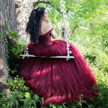 Load image into Gallery viewer, Burgundy Lace Appliques Off Shoulder Tulle Wedding Dresses Ball Gowns