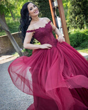 Load image into Gallery viewer, Burgundy Lace Appliques Off Shoulder Tulle Wedding Dresses Ball Gowns