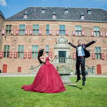 Load image into Gallery viewer, Burgundy Lace Appliques Off Shoulder Tulle Wedding Dresses Ball Gowns