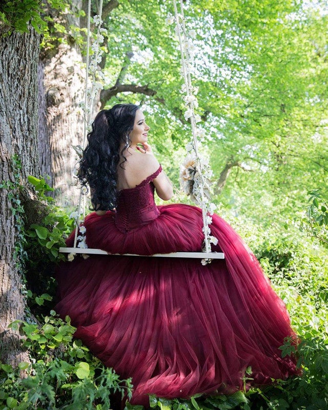 burgundy lace dress for wedding Burgundy Lace Appliques Off Shoulder Tulle Wedding Dresses Ball Gowns