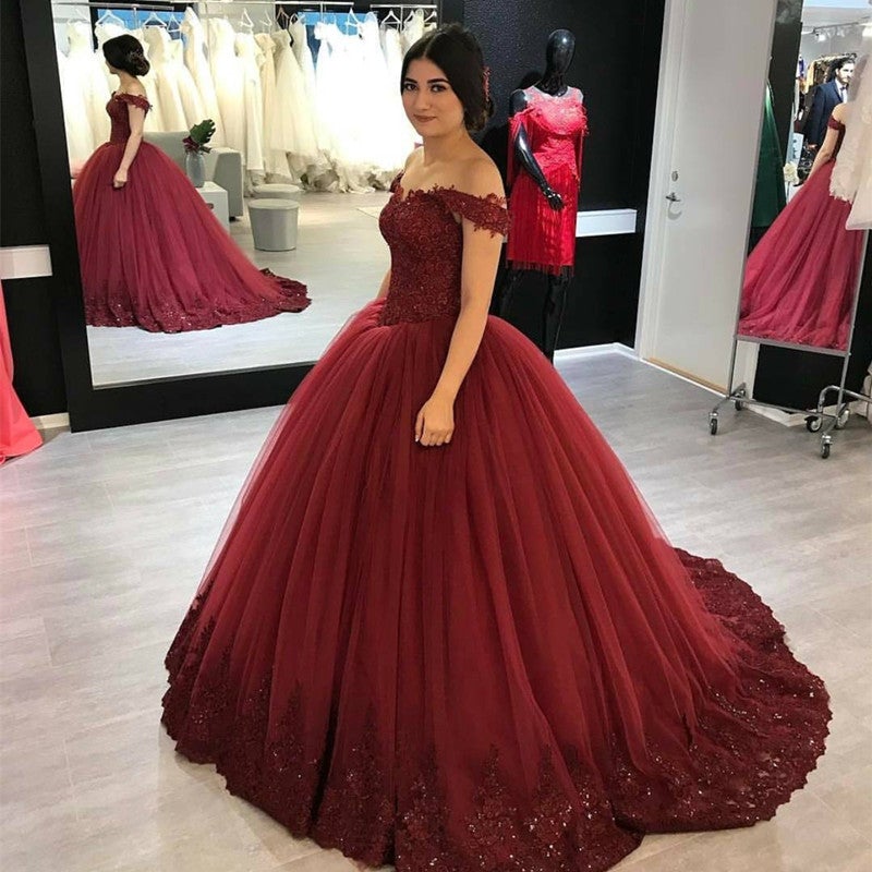 Burgundy Lace Appliques V-neck Off The Shoulder Ball Gowns Wedding Dresses Burgundy Lace Appliques V-neck Off The Shoulder Ball Gowns Wedding Dresses