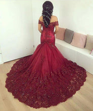 Load image into Gallery viewer, Burgundy Lace Mermaid Prom Dresses Off The Shoulder