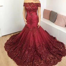 Load image into Gallery viewer, Burgundy Lace Mermaid Prom Dresses Off The Shoulder-alinanova