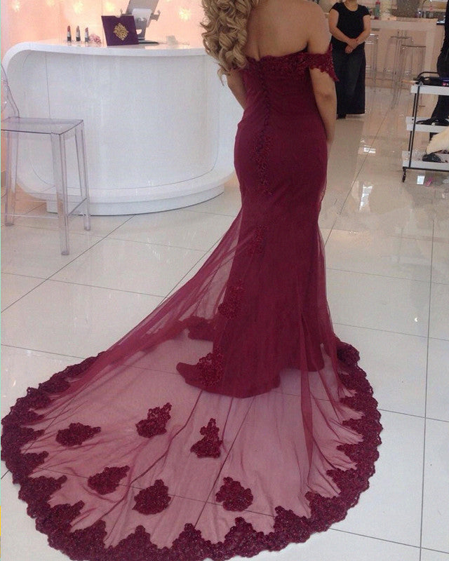 Elegant Long Burgundy Mermaid Prom Dresses Lace Appliques – alinanova