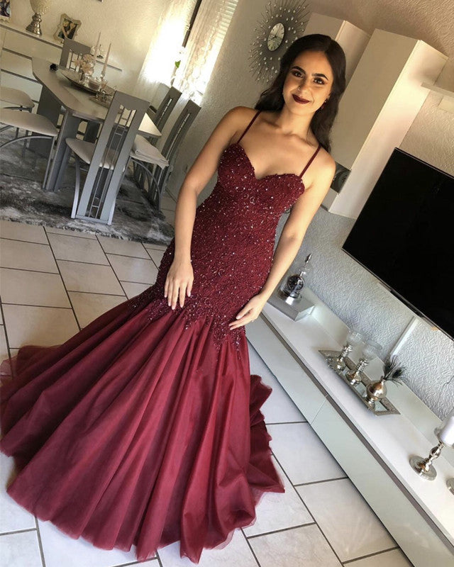 Burgundy Mermaid Evening Dress Sweetheart Appliques Beaded Burgundy Mermaid Evening Dress Sweetheart Appliques Beaded