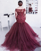 Load image into Gallery viewer, Burgundy Lace Mermaid Prom Dress Long Sleeves