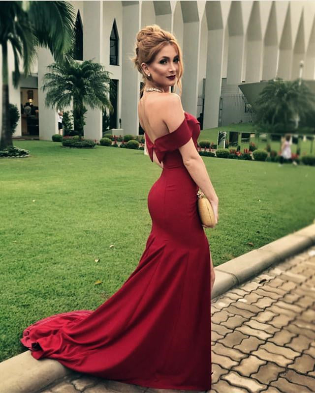 Burgundy Satin Prom Dresses Mermaid Split Off Shoulder