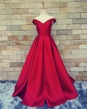 Load image into Gallery viewer, Burgundy Off The Shoulder Satin Prom Dresses