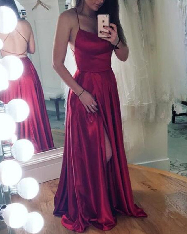 Long Satin Open Back Prom Dresses Leg Slit Evening Gowns