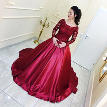 Load image into Gallery viewer, Burgundy Satin Ball Gown Wedding Dresses Lace Long Sleeves