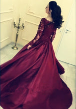 Load image into Gallery viewer, Burgundy Satin Ball Gown Wedding Dresses Lace Long Sleeves