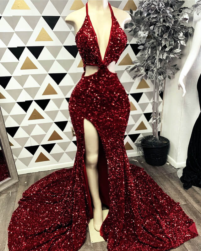 Mermaid Burgundy Sequin Cut-Out Prom Dresses Black Girl alinanova Mermaid Burgundy Sequin Cut-Out Prom Dresses Black Girl alinanova