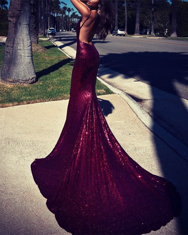 Burgundy Sequin Mermaid Backless Prom Dresses Long Evening Gowns alinanova Burgundy Sequin Mermaid Backless Prom Dresses Long Evening Gowns alinanova