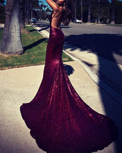 Load image into Gallery viewer, Burgundy-Prom-Dresses-2019-V-neck-Sequins-Mermaid-Evening-Gowns