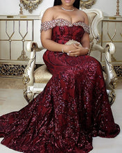 Load image into Gallery viewer, Burgundy Sequin Mermaid Prom Dresses Off Shoulder