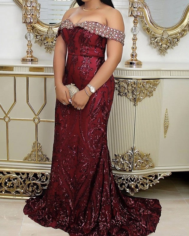 Burgundy Sequin Mermaid Prom Dresses Off Shoulder Burgundy Sequin Mermaid Prom Dresses Off Shoulder