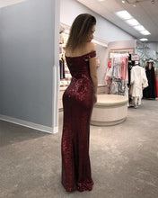 Load image into Gallery viewer, Burgundy Mermaid Sequin Prom Dresses