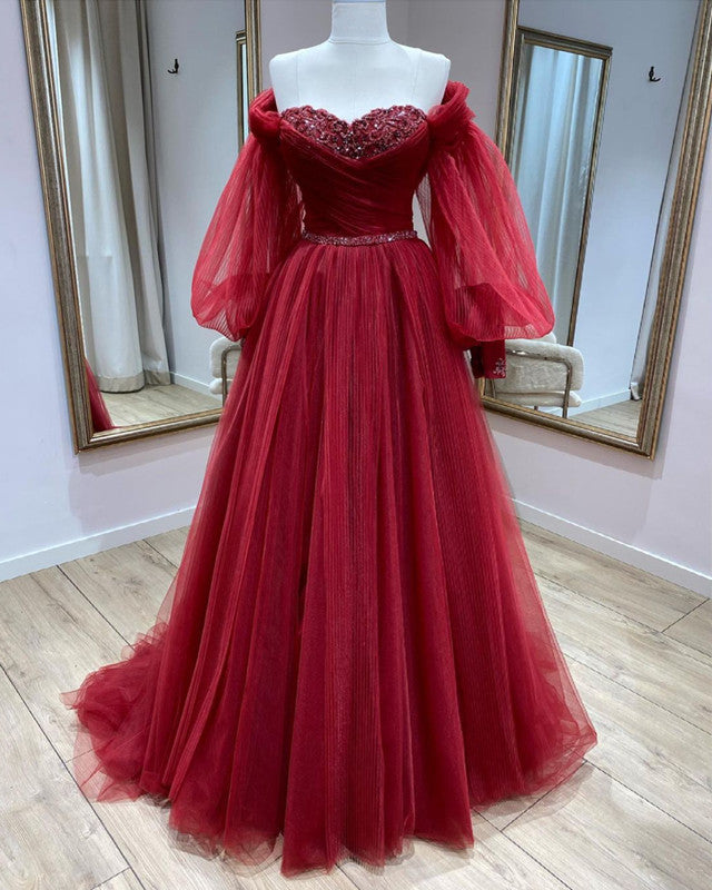 Flowy Gold And Red Prom Burgundy Tulle Sweetheart Puffy Sleeves