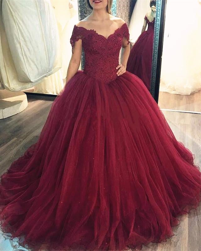 Burgundy Wedding Dress Tulle Lace Off Shoulder Ball Gown – alinanova