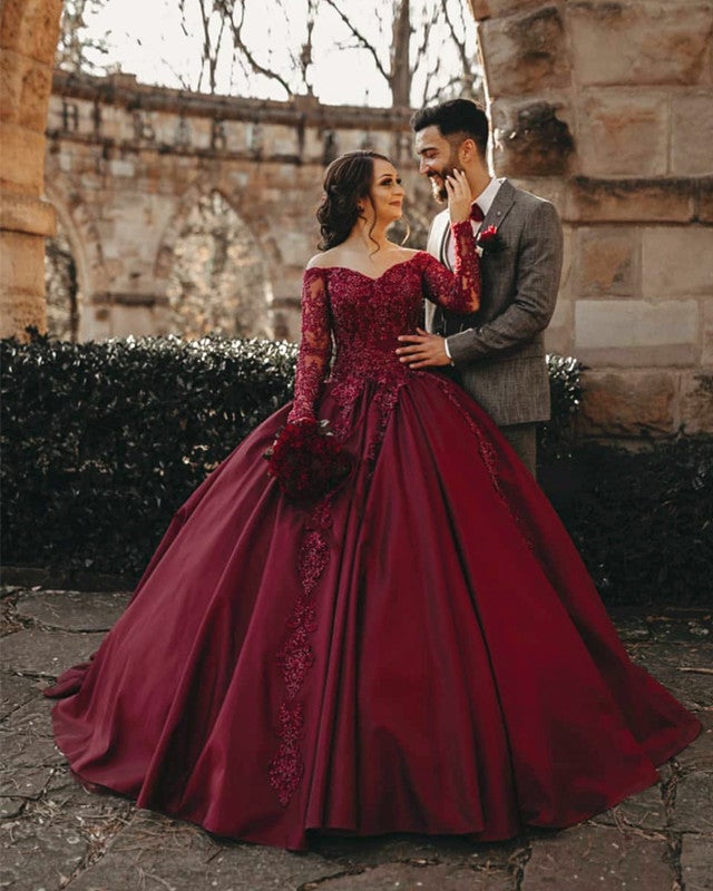 Burgundy Wedding Dresses Lace Off Shoulder Ball Gown – alinanova