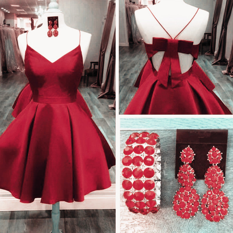 Short A Line V Neck Satin Short Bow Back Dress Short A Line V Neck Satin Short Bow Back Dress