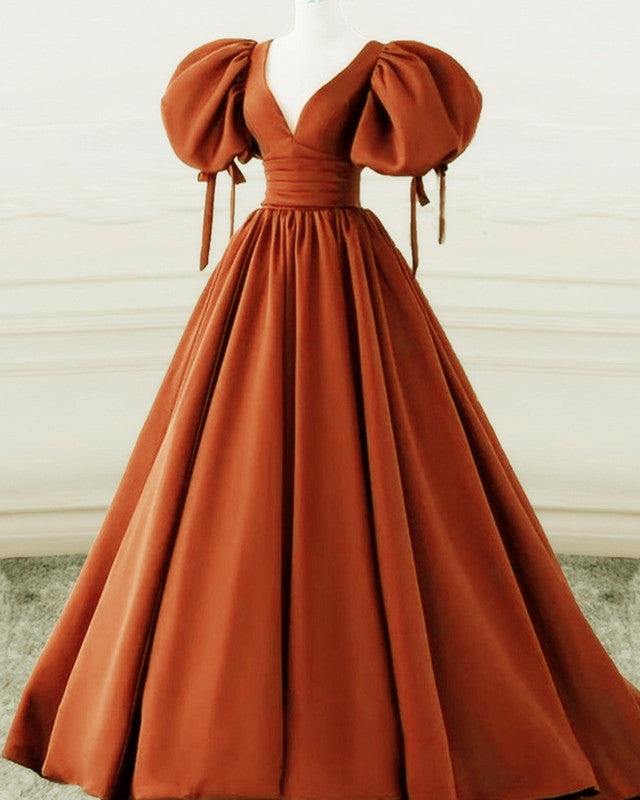 V Neck Puffy Sleeves Orange Ball Gown