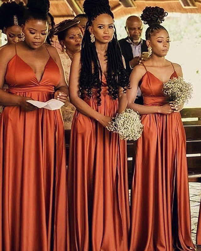 Long Satin Bridesmaid Dresses V Neck Split Long Satin Bridesmaid Dresses V Neck Split