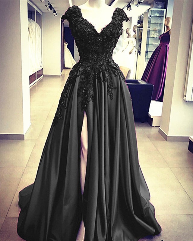 Cap Sleeves Prom Dresses Long Satin Evening Gown Lace Beaded Leg Split Cap Sleeves Prom Dresses Long Satin Evening Gown Lace Beaded Leg Split