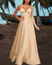 Load image into Gallery viewer, Sexy Long Satin V Neck Empire Dresses Spaghetti Straps