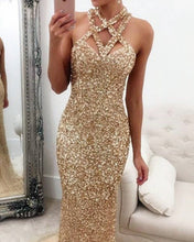 Load image into Gallery viewer, Fully Crystal Beaded Halter Long Champagne Mermaid Evening Gowns