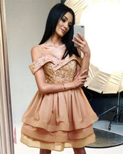 Load image into Gallery viewer, Short Champagne Homecoming Dresses Off The Shoulder