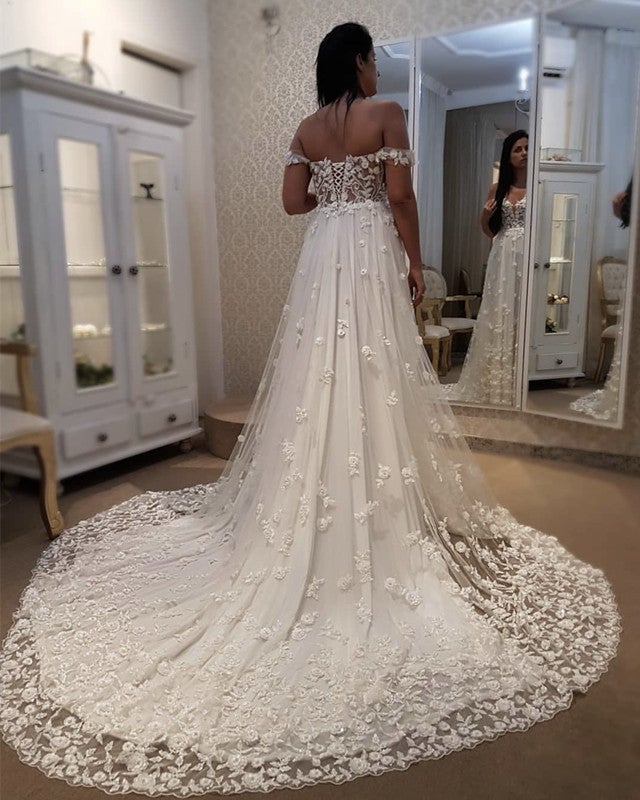 Chantily Lace Wedding Dress Sweep Train Off Shoulder Chantily Lace Wedding Dress Sweep Train Off Shoulder