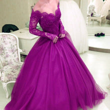 Load image into Gallery viewer, Charming Tulle Prom Dresses Ball Gowns Long Sleeves With Nude Tulle Neck