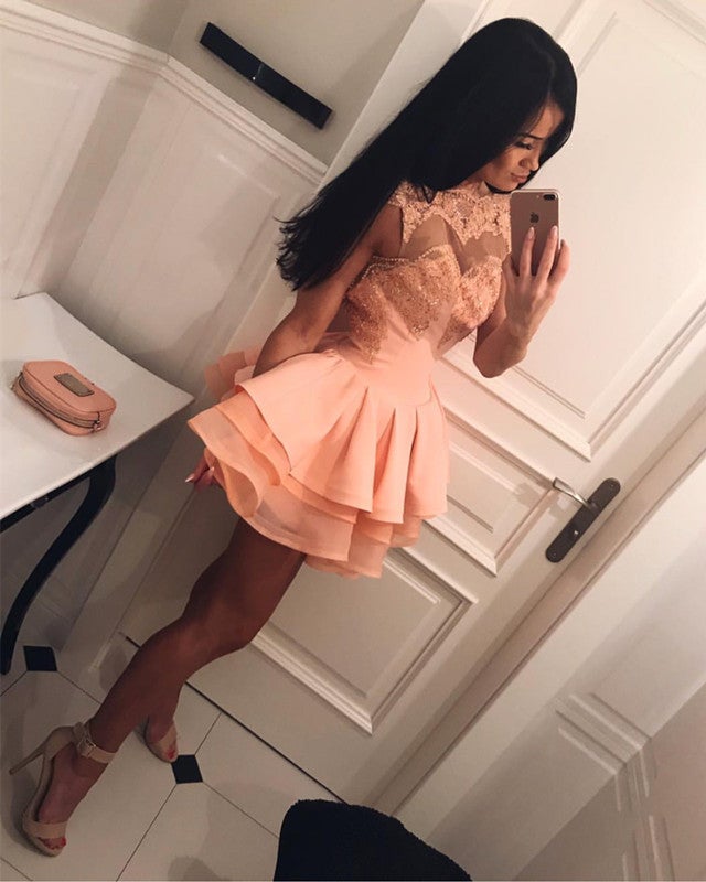 Chic Lace Appliques Cap Sleeves Organza Ruffles Short Prom Homecoming Dresses Chic Lace Appliques Cap Sleeves Organza Ruffles Short Prom Homecoming Dresses
