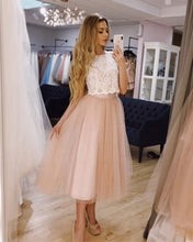Load image into Gallery viewer, Chic Lace Crop Tea Length Prom Dresses Two Piece
