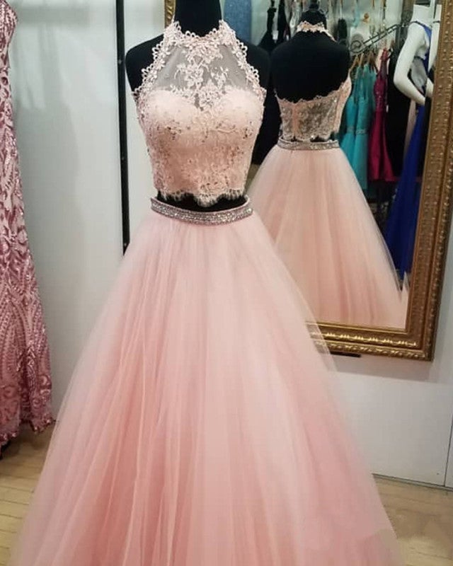 Chic Lace Crop Top Tulle Prom Dresses Two Piece Ball Gowns Chic Lace Crop Top Tulle Prom Dresses Two Piece Ball Gowns