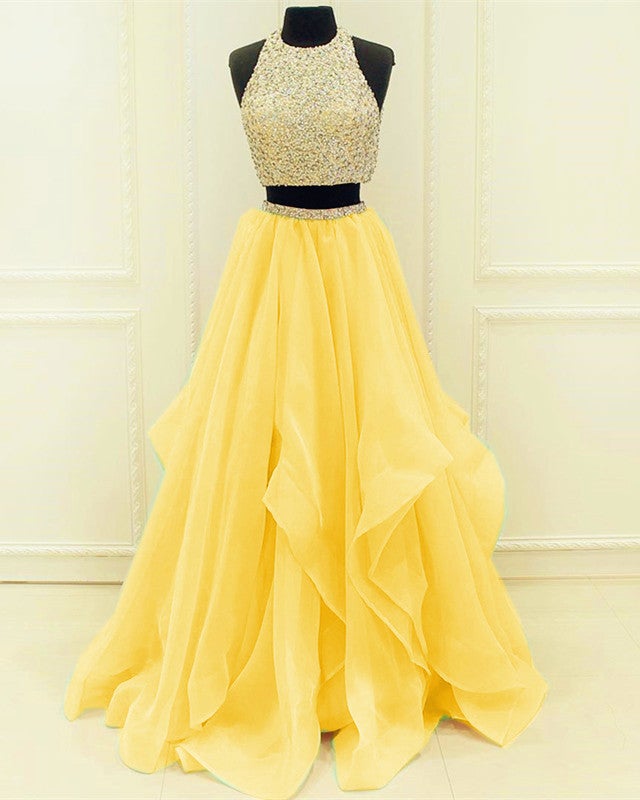 Chic Organza Ruffles Two Piece Prom Dresses With Sequins And Beads
