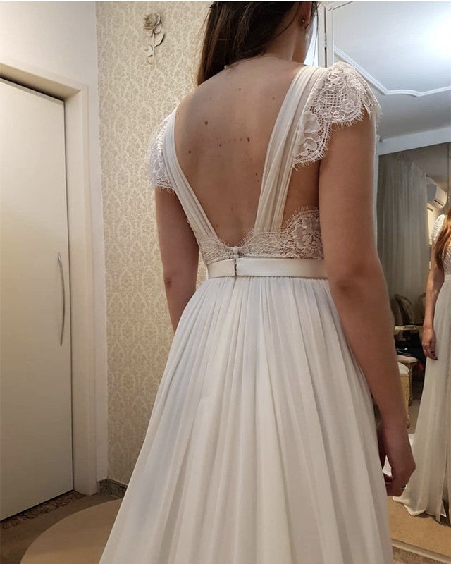 Chiffon Wedding Dresses Leg Slit Lace Cap Sleeves Chiffon Wedding Dresses Leg Slit Lace Cap Sleeves