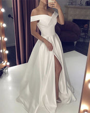 Load image into Gallery viewer, Classic Satin Off Shoulder Leg Slit Wedding Gown Dresses