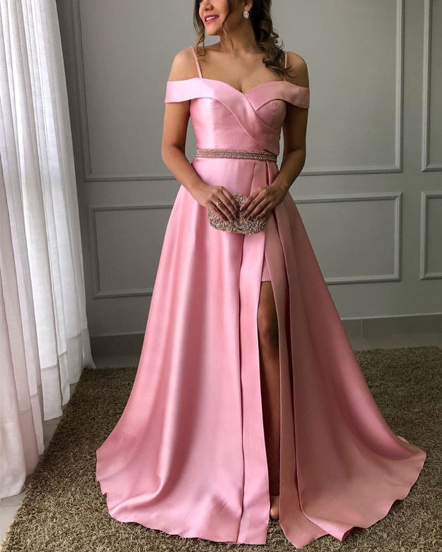 Cold Shoulder Prom Dresses Satin Split Beaded Sashes Cold Shoulder Prom Dresses Satin Split Beaded Sashes