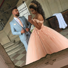 Load image into Gallery viewer, Coral Pink Tulle Wedding Dresses Ball Gown Lace Appliques