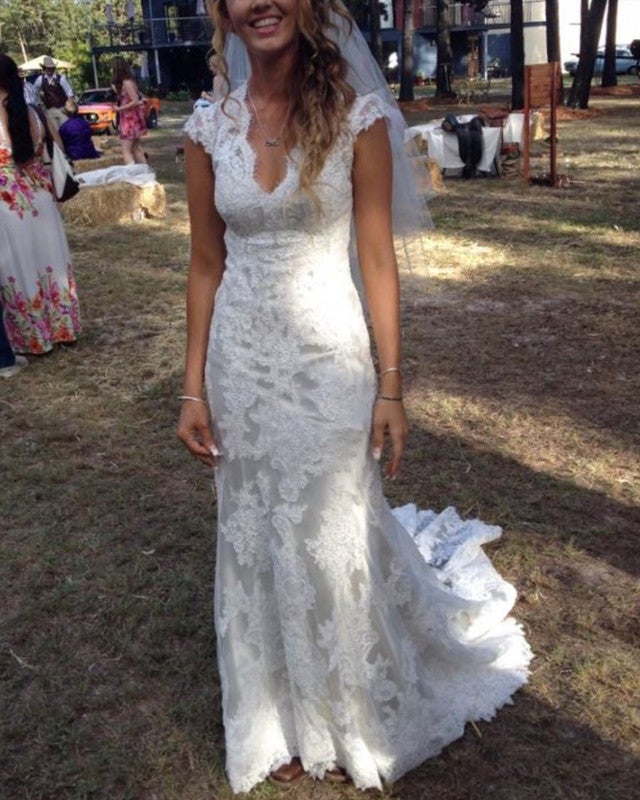 Country Lace Wedding Dresses V Neck Cap Sleeves Country Lace Wedding Dresses V Neck Cap Sleeves