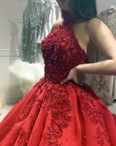 Red Wedding Dresses Crystal Beaded Halter