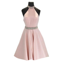 Load image into Gallery viewer, Crystal Beaded High Neck Short Pink Satin Homecoming Dresses
