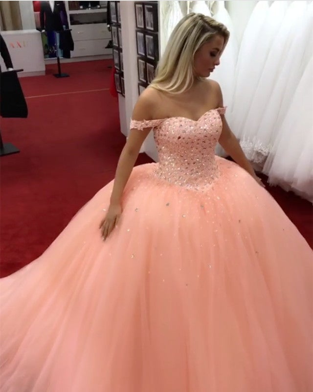 Crystal Beaded Sweetheart Off Shoulder Ball Gowns Coral Wedding Dresses Crystal Beaded Sweetheart Off Shoulder Ball Gowns Coral Wedding Dresses