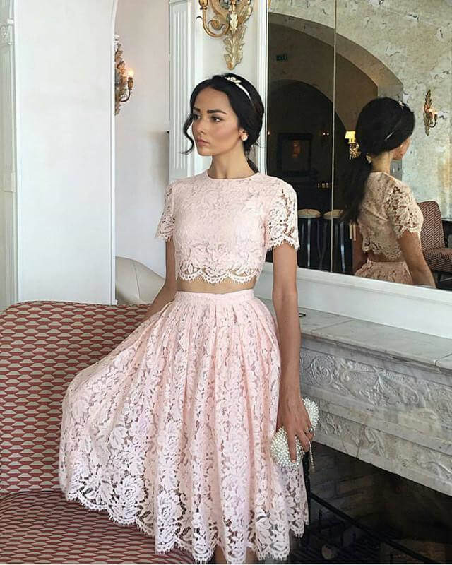 Lace Prom Two Piece Prom Dresses Pink Cute Pink Lace Two Piece