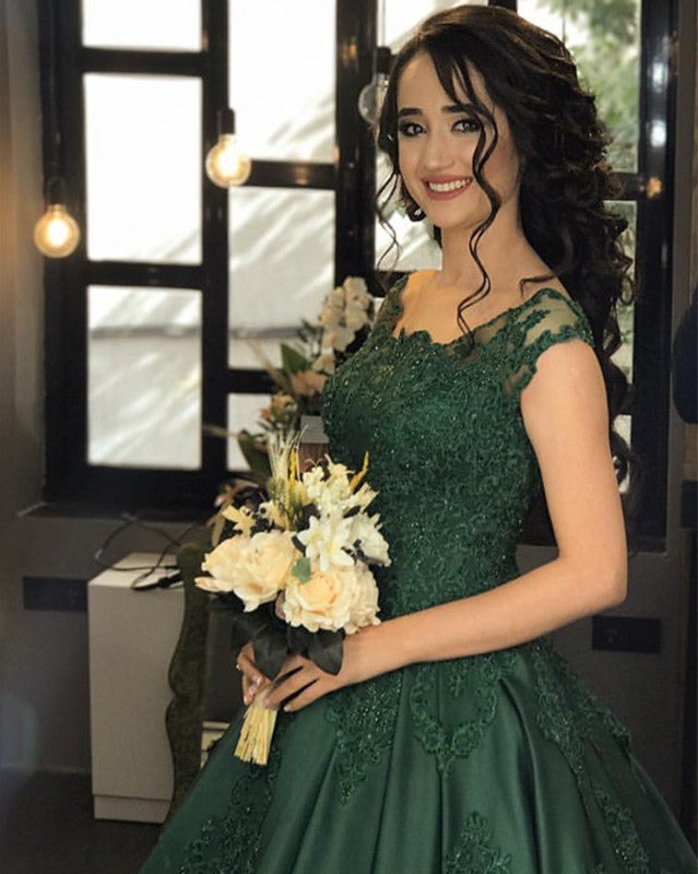 Dark Green Lace Appliques Spaghetti Straps Long Satin Ball Gowns Wedding Dresses Dark Green Lace Appliques Spaghetti Straps Long Satin Ball Gowns Wedding Dresses