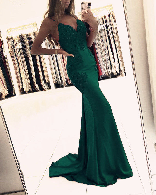 Elegant V Neck Appliques Satin Mermaid Open Back Dresses