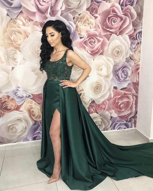 Long Satin Split Dresses Sheer Lace Beaded Top Long Satin Split Dresses Sheer Lace Beaded Top
